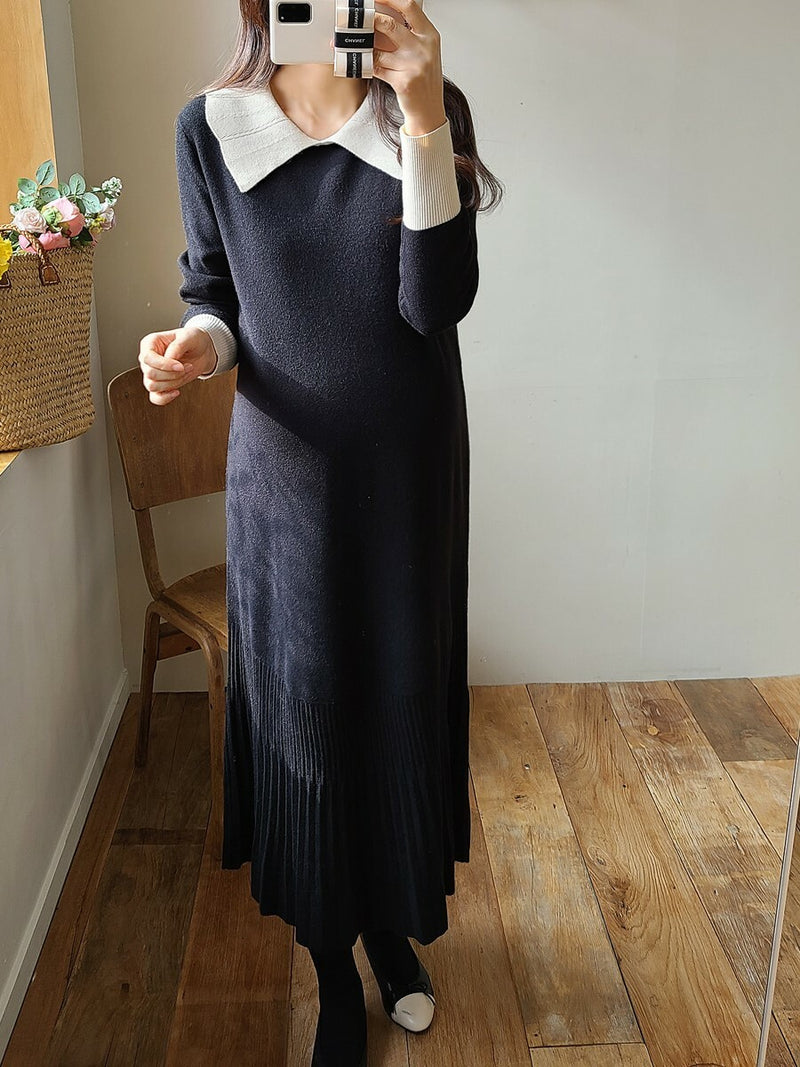 Color Block Lapel Pleated Hem Knitted Dress