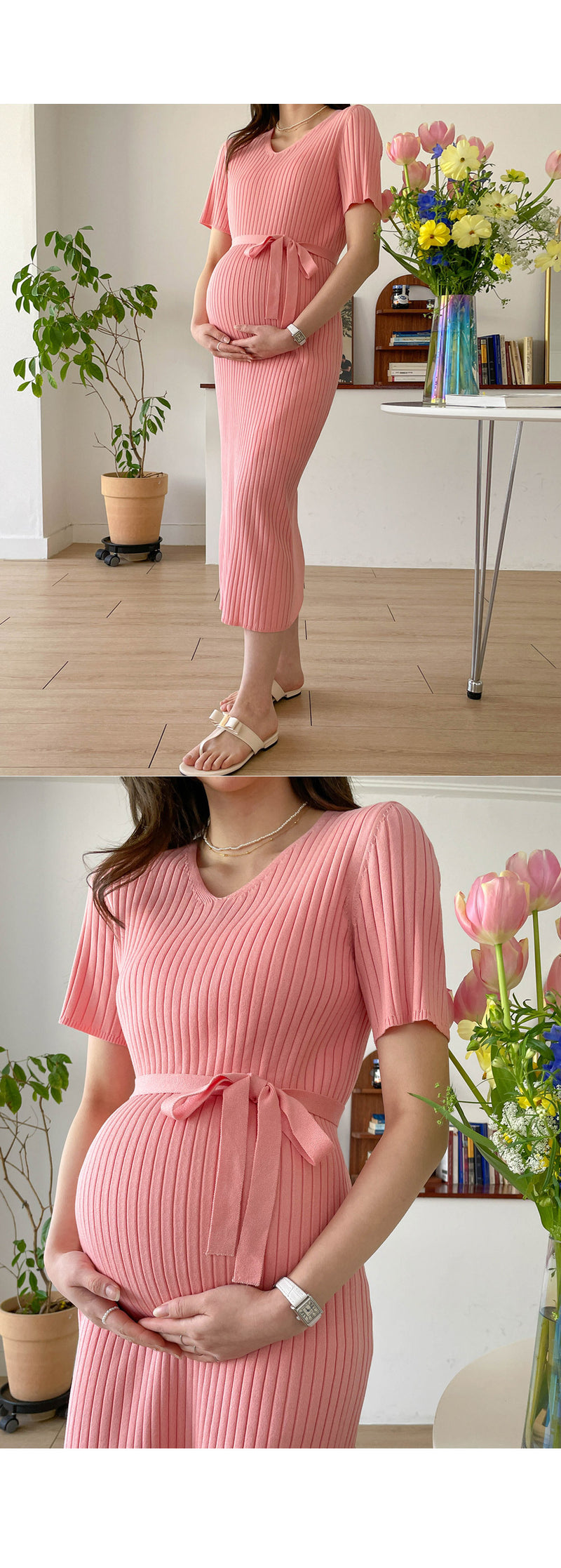 V Neck Ribbed Cooling Knit Dress