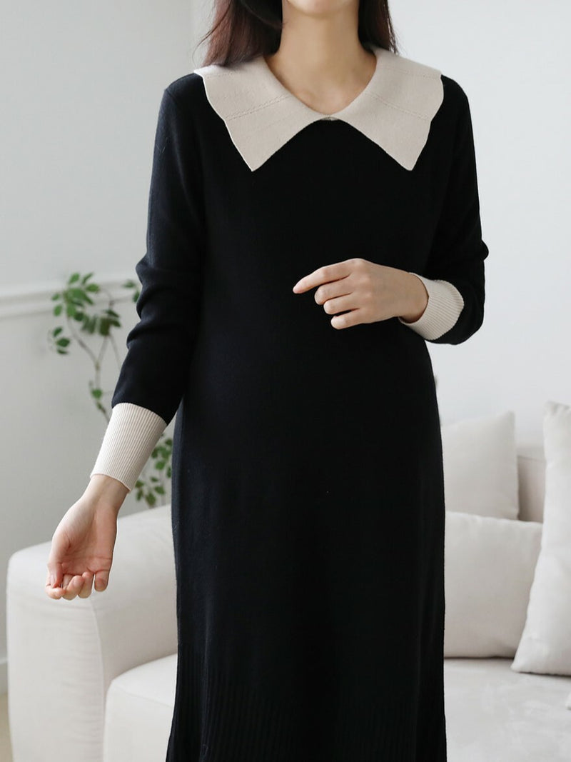 Color Block Lapel Pleated Hem Knitted Dress