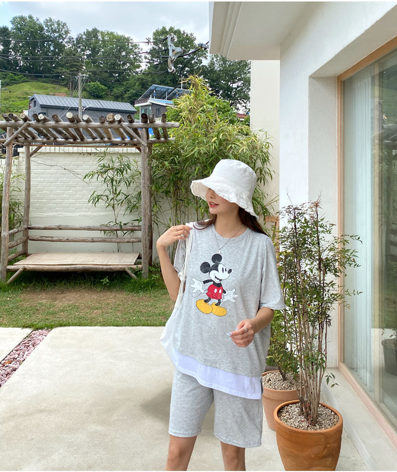 米奇印花配色哺乳衣配短褲套裝