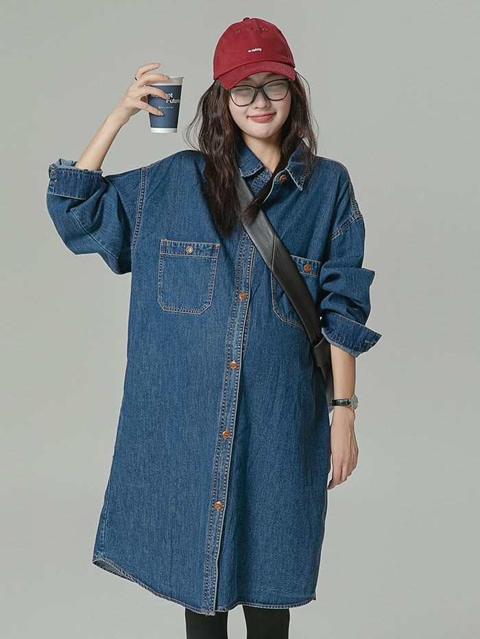 Lapel Oversized Long-Sleeved Denim Dress