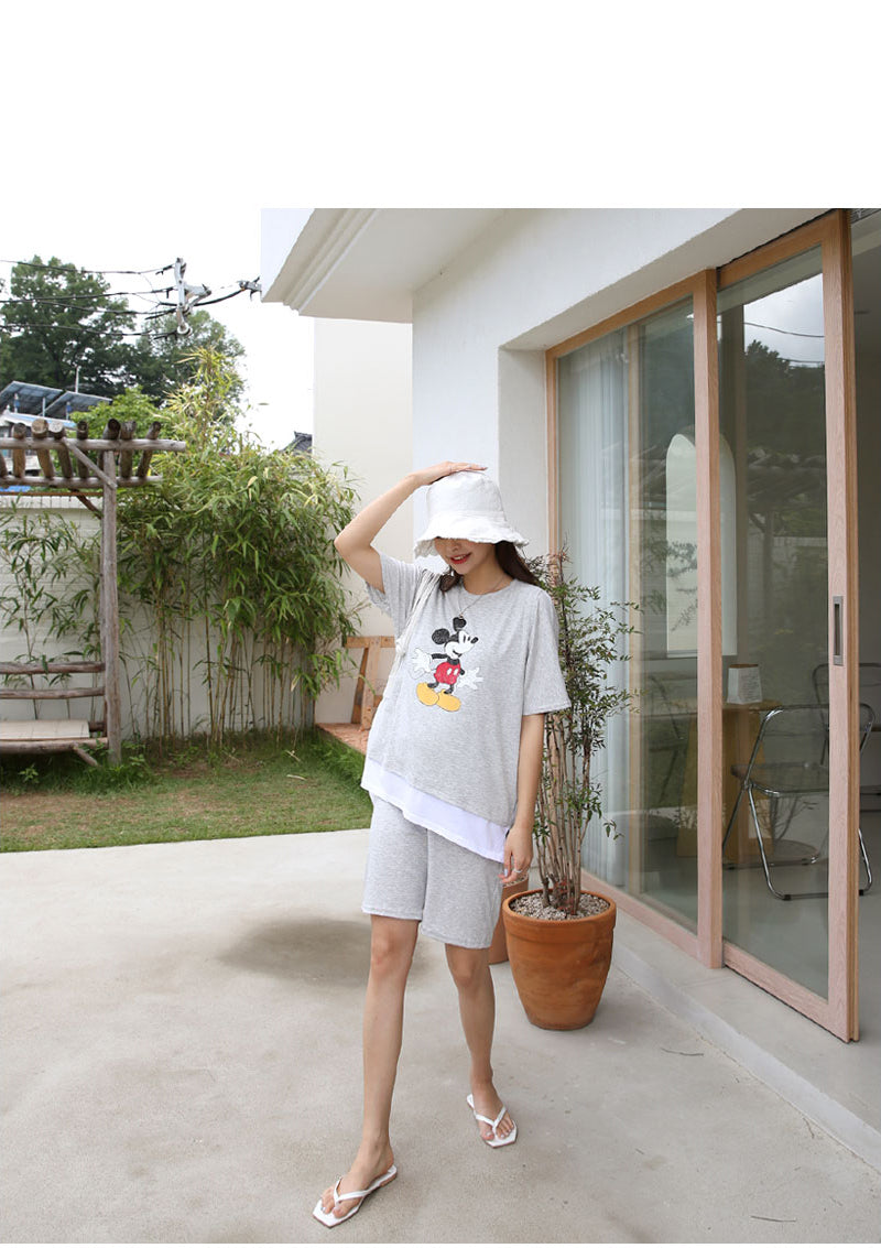 米奇印花配色哺乳衣配短褲套裝