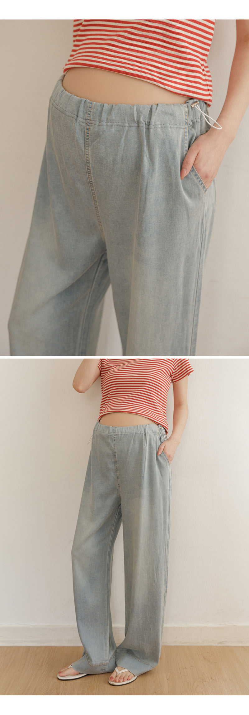 Lightweight Drawstring Wide-Leg Denim Pants