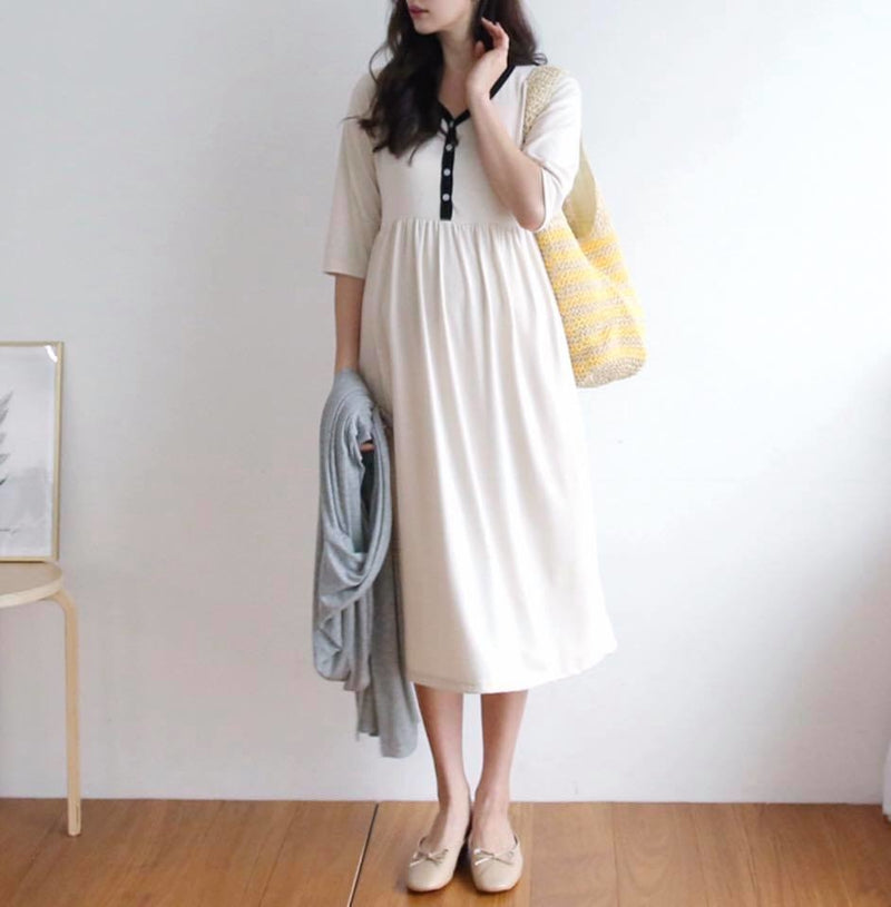 Soft Cotton Color Matching Buttoned Nursing Dress