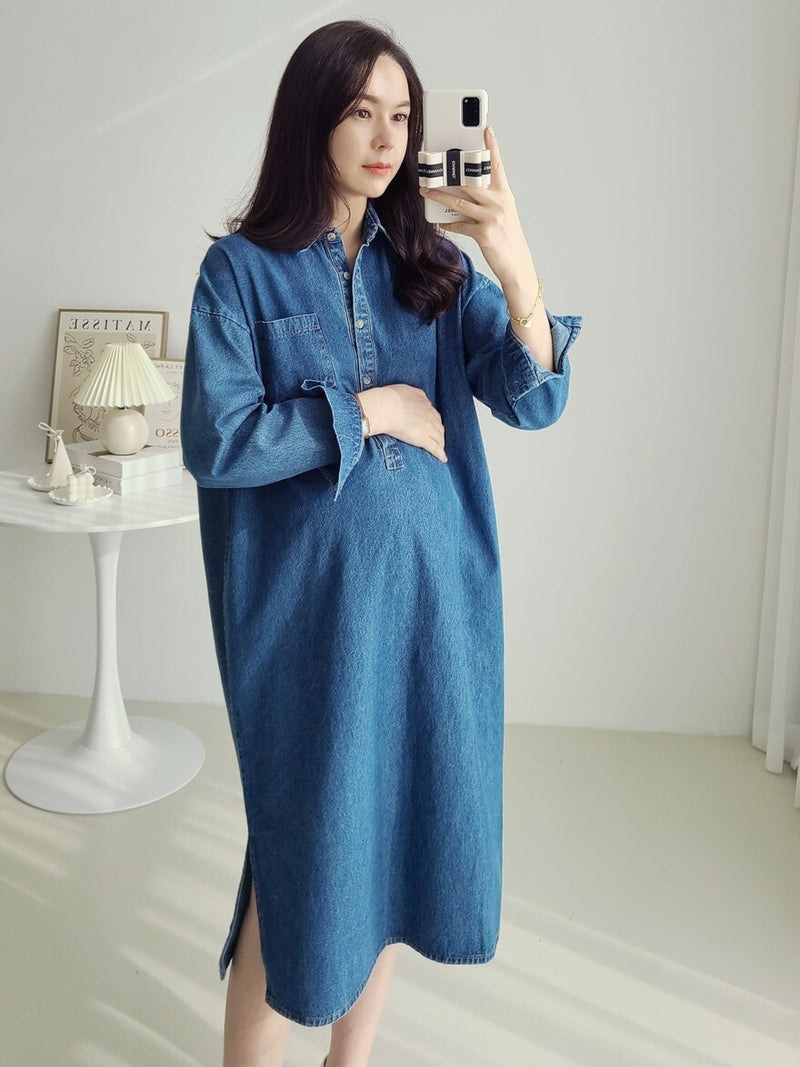 Lapel Oversized Long-Sleeved Denim Dress