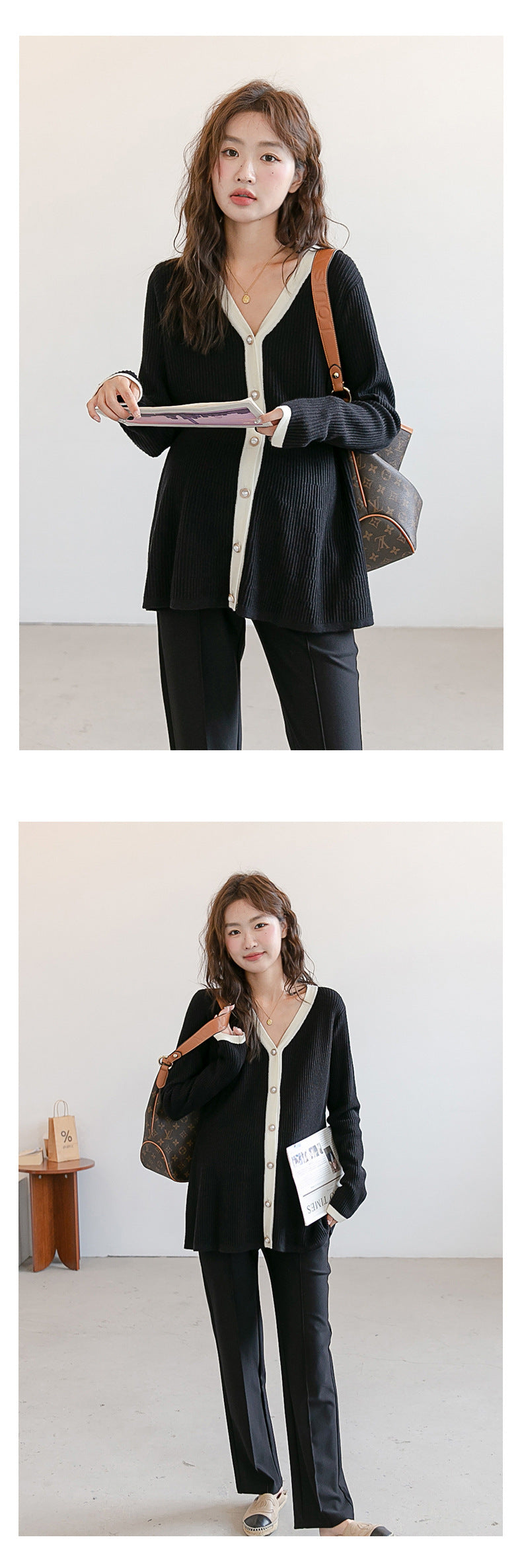 V-Neck Color Matching Ribbed Knit Coat