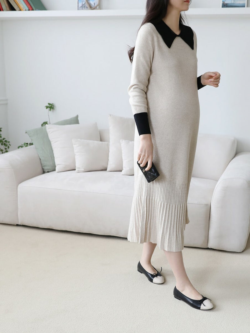 Color Block Lapel Pleated Hem Knitted Dress
