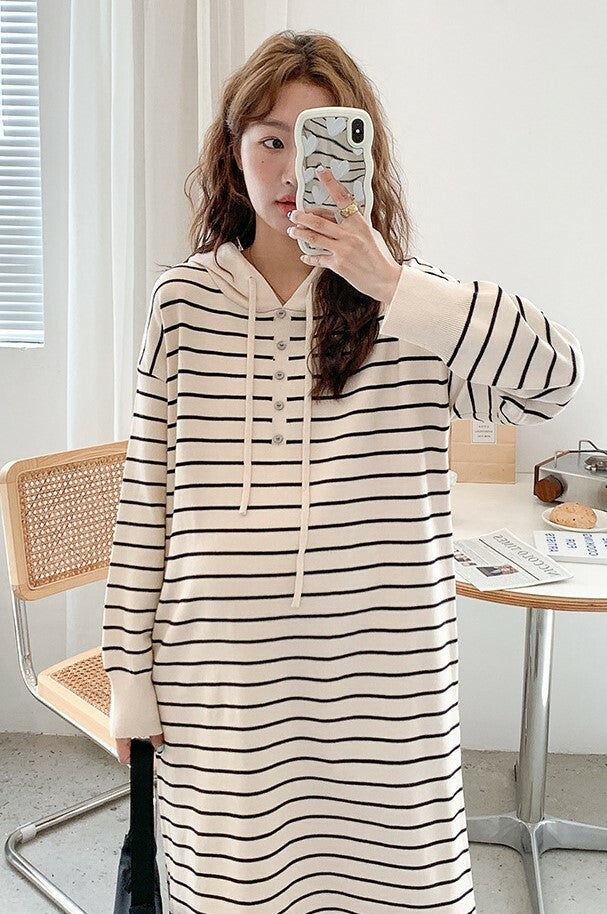 Hooded Knit Striped Midi Dress