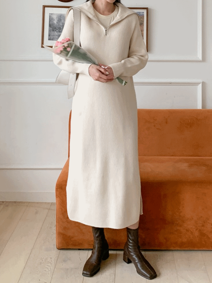Thick Knitted Ribbing Zip Up Dress