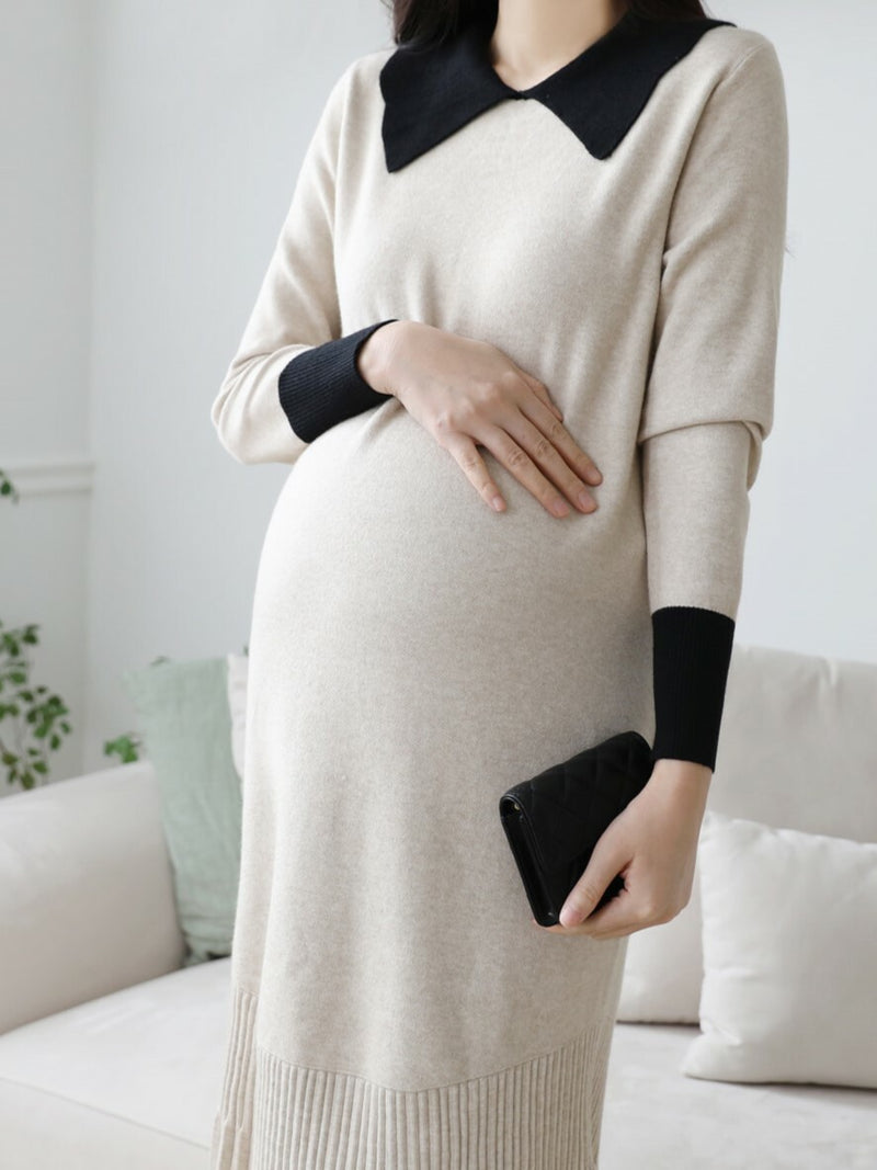 Color Block Lapel Pleated Hem Knitted Dress