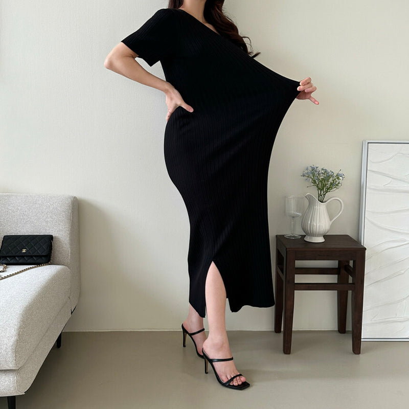 V Neck Ribbed Cooling Knit Dress