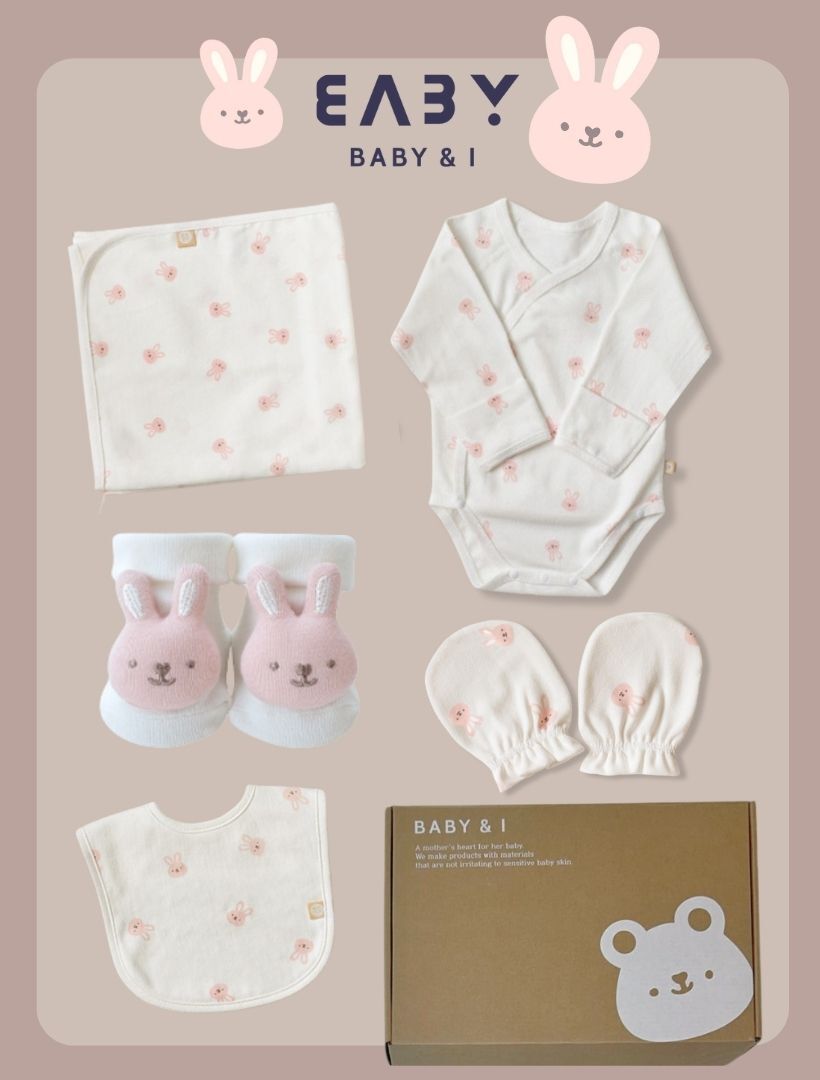 MMBP002 Baby&I Newborn Gift Set-Bunny (Bib, Bodysuit, Swaddle Blanket, Mittens,Doll Cover Socks)