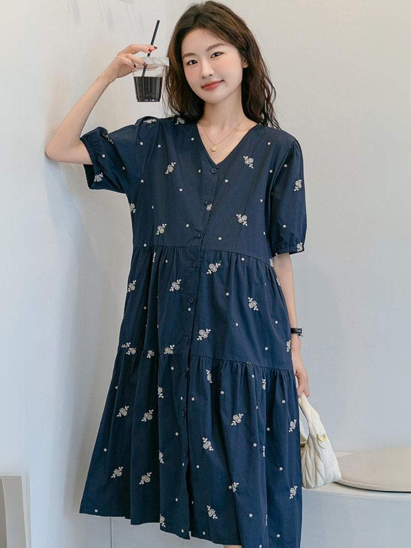 V-Neck Embroidered Layer Tiered Dress