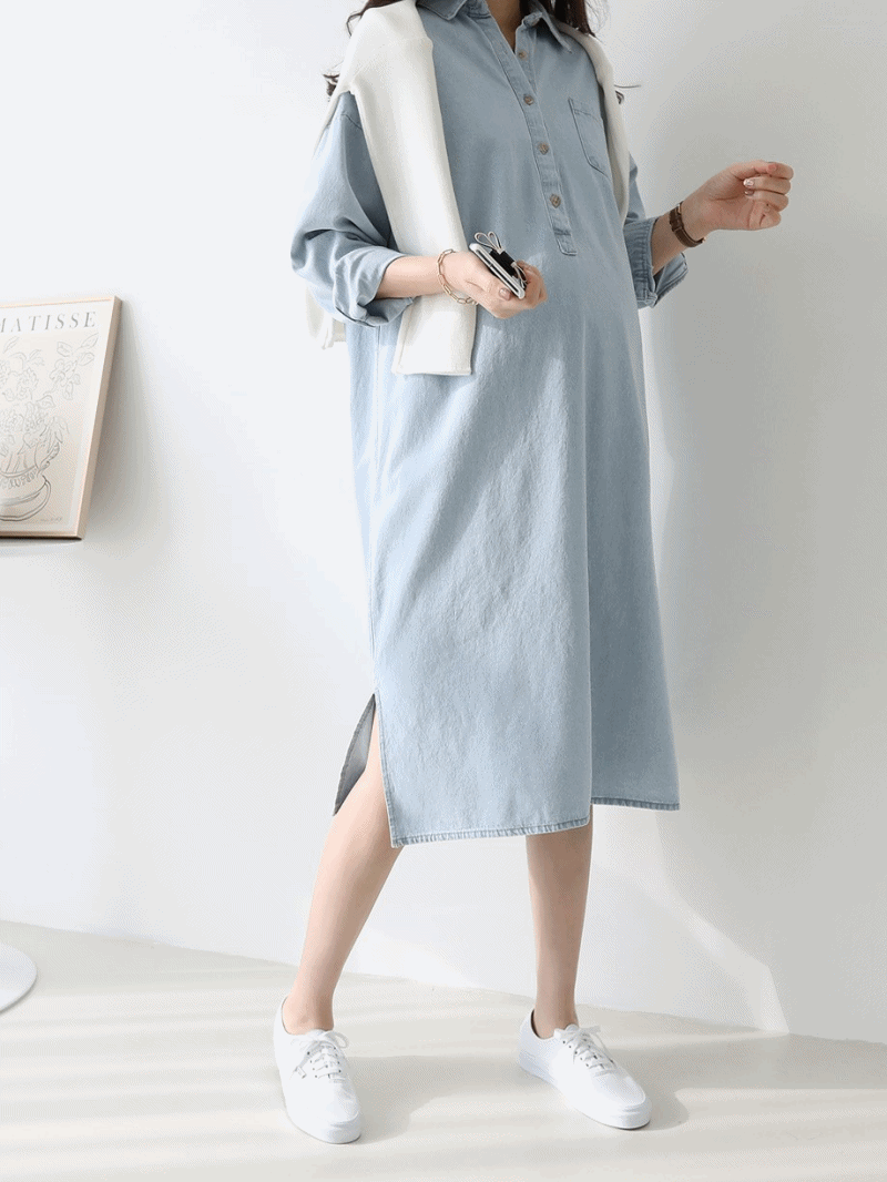 Lapel Oversized Long-Sleeved Denim Dress