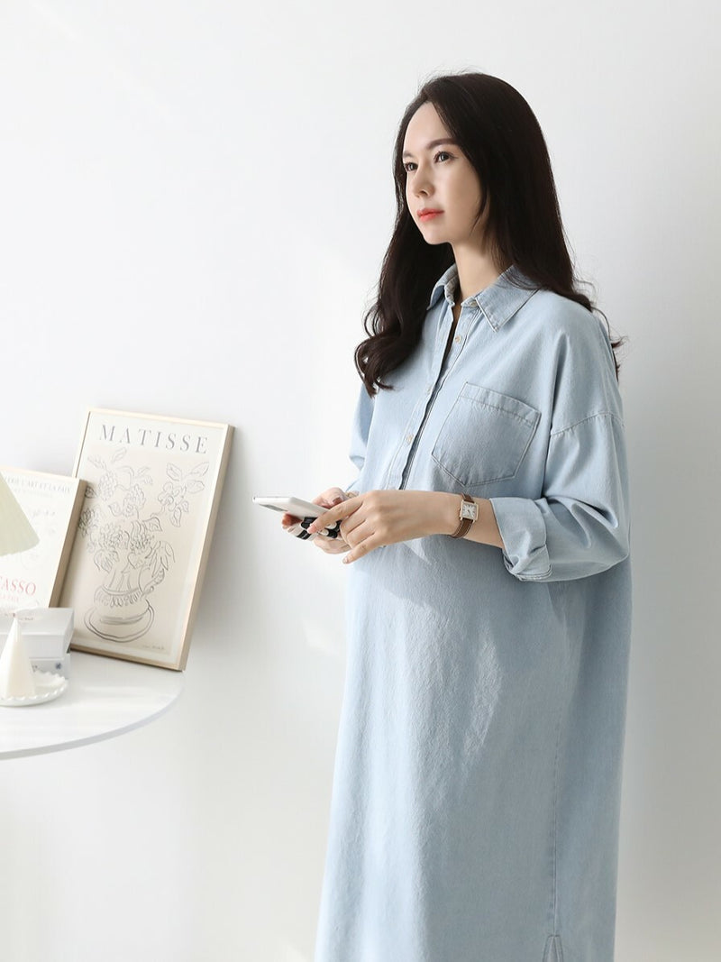 Lapel Oversized Long-Sleeved Denim Dress