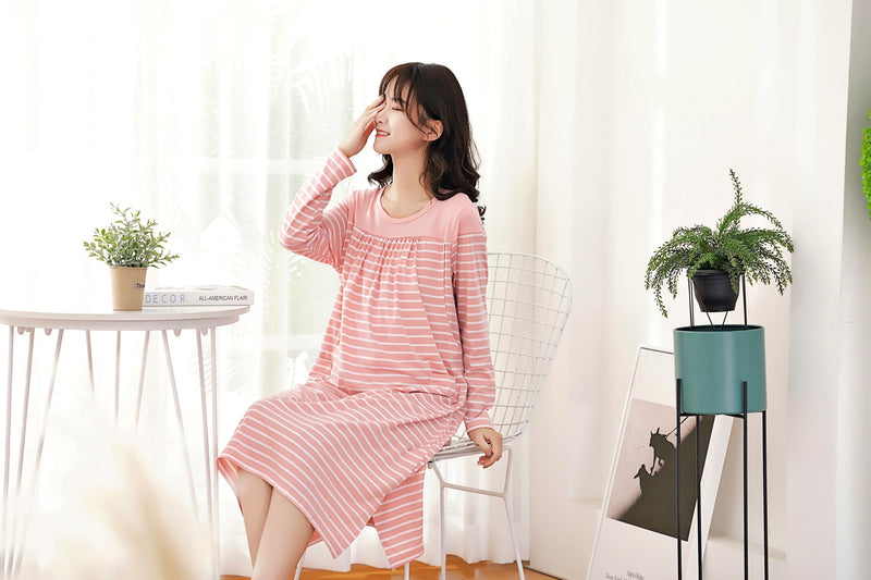 Japanese-Style Striped Nursing Long Dress