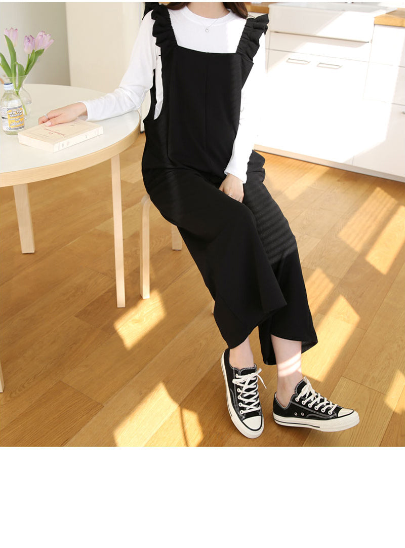 Frilled-Strap Wide-Leg Overall Pants