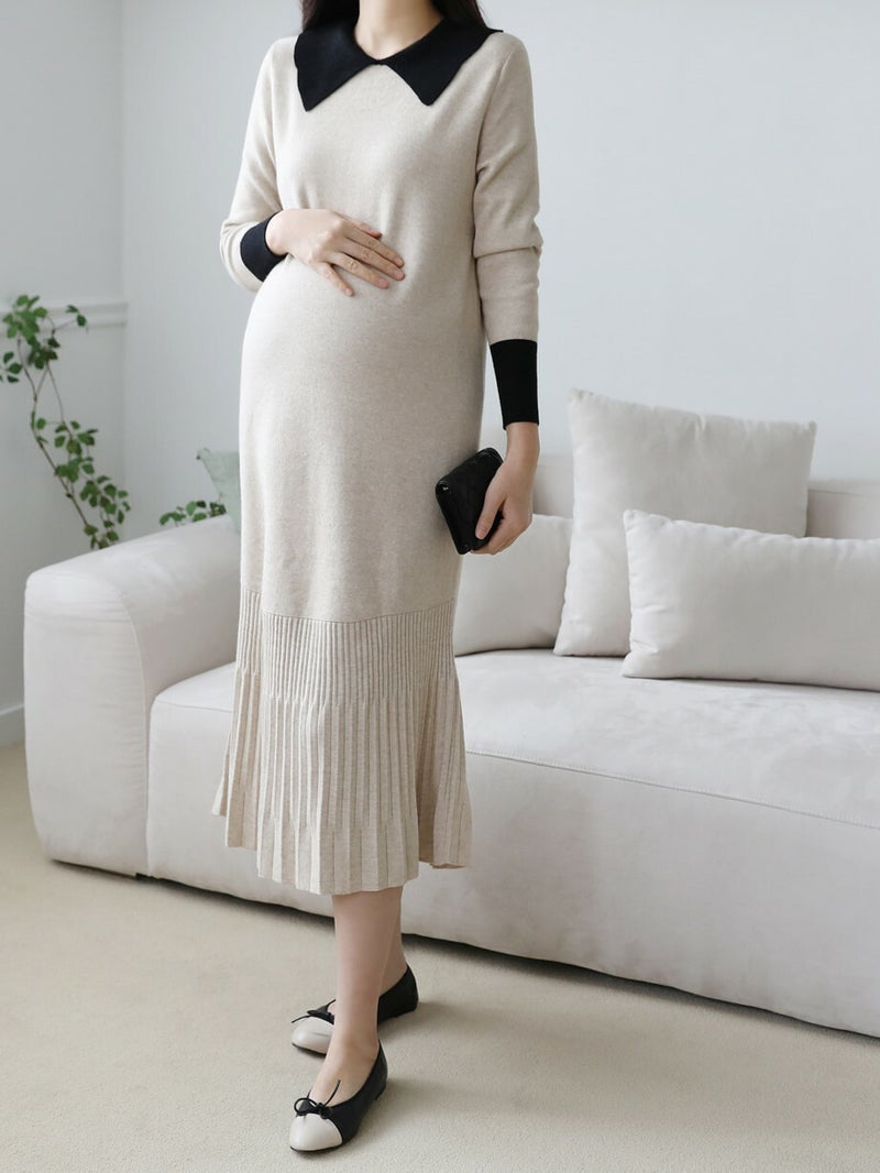 Color Block Lapel Pleated Hem Knitted Dress