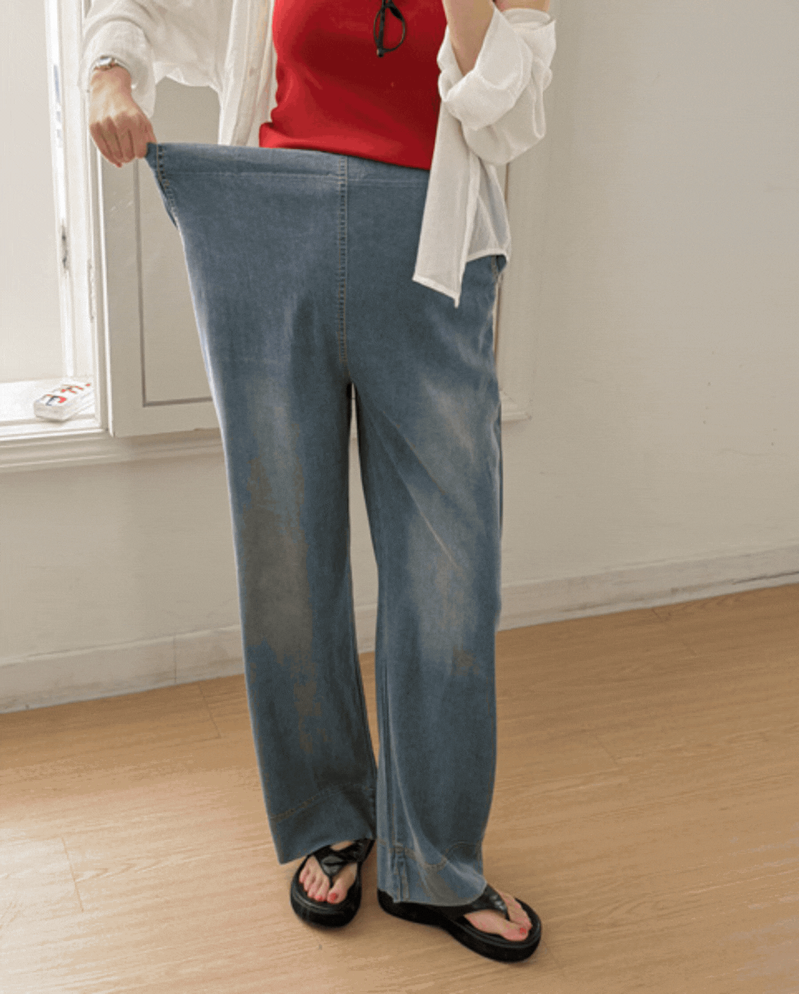 Lightweight Drawstring Wide-Leg Denim Pants