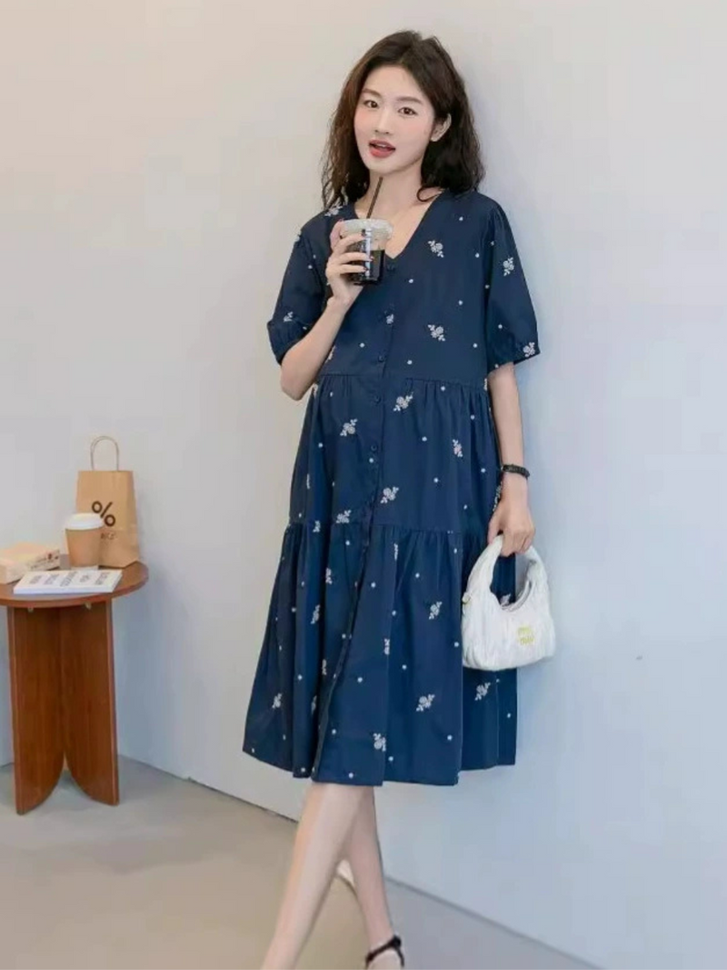 V-Neck Embroidered Layer Tiered Dress