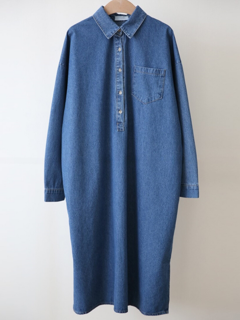 Lapel Oversized Long-Sleeved Denim Dress