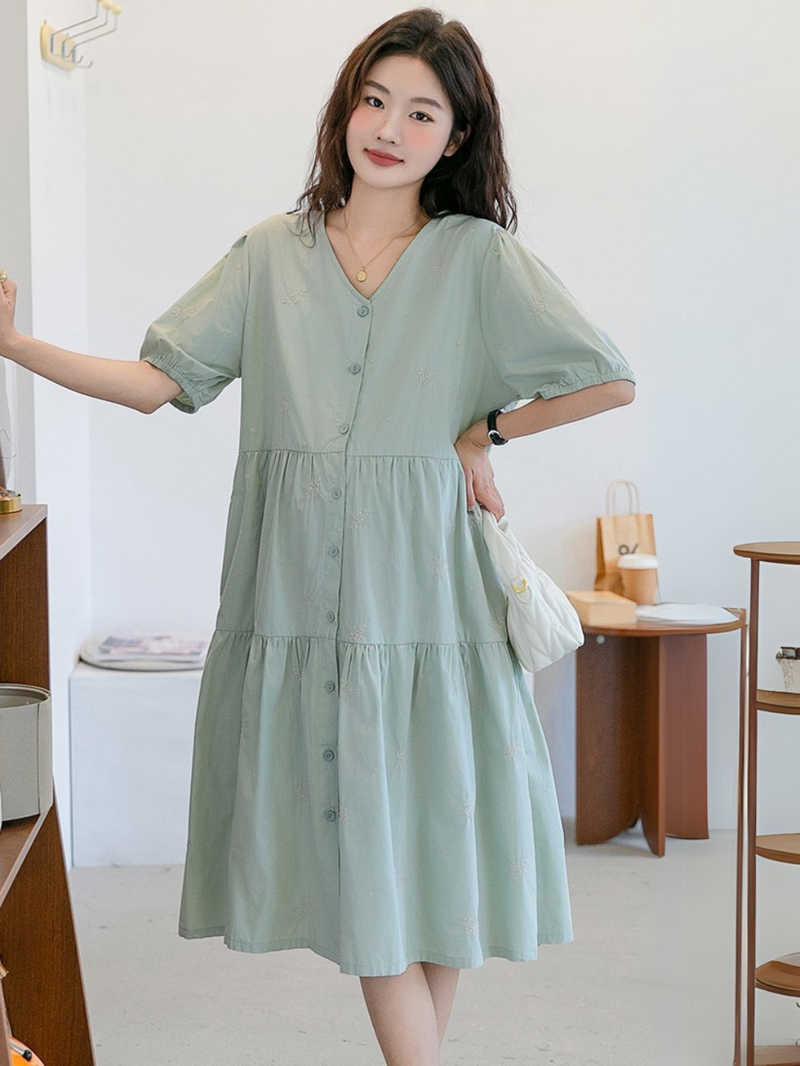 V-Neck Embroidered Layer Tiered Dress