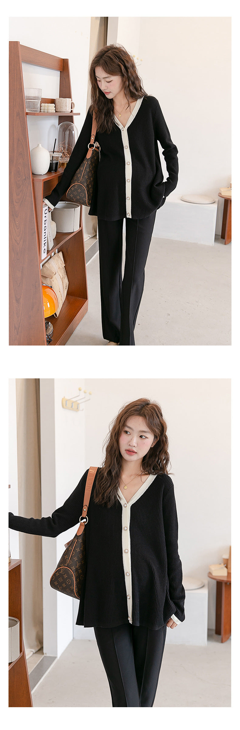 V-Neck Color Matching Ribbed Knit Coat