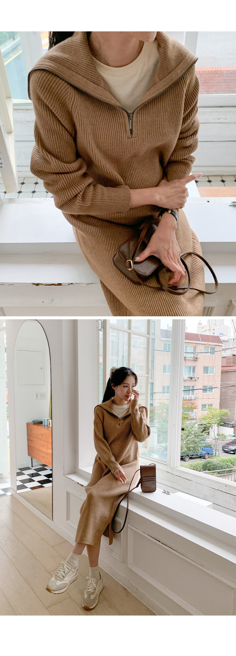 Thick Knitted Ribbing Zip Up Dress
