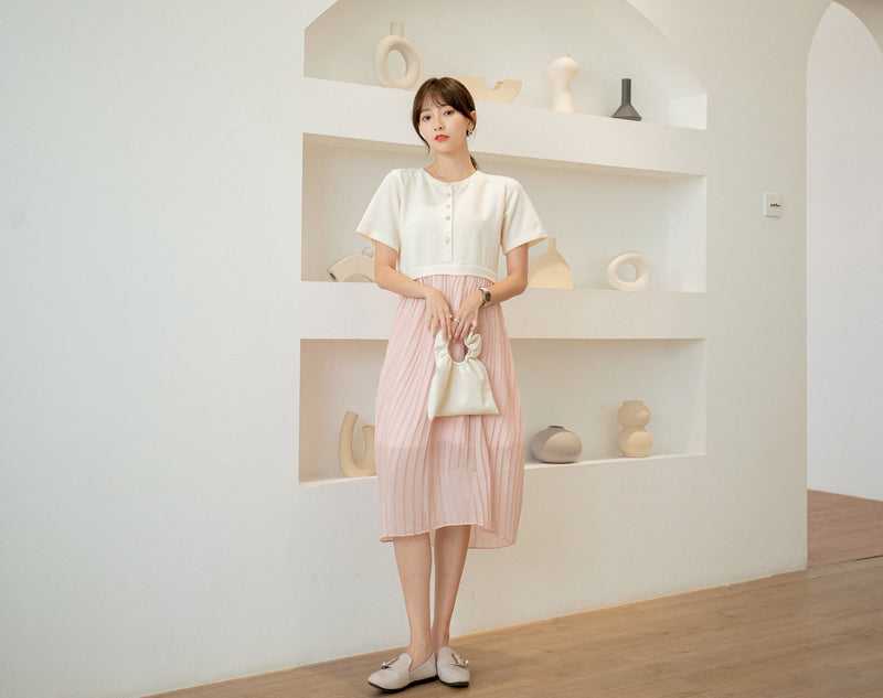 Elegant Pleated Pearl Button Dress