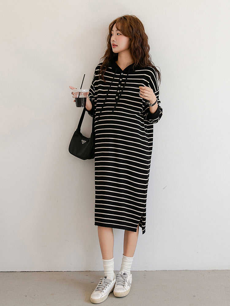 Hooded Knit Striped Midi Dress