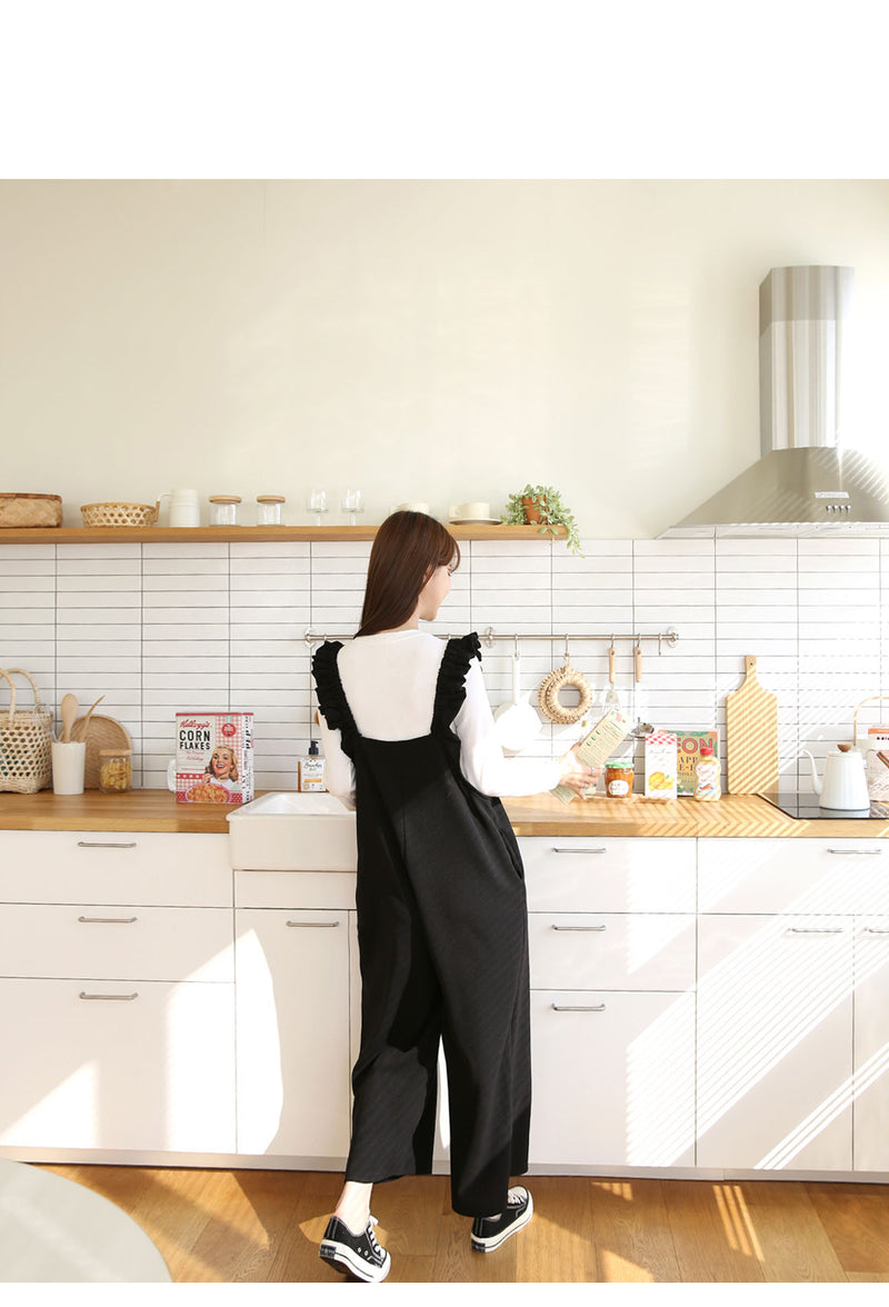 Frilled-Strap Wide-Leg Overall Pants