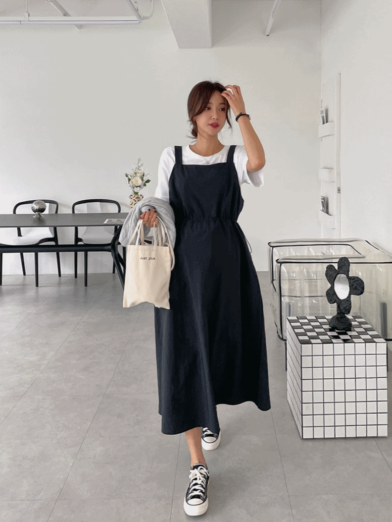 Simple Plain Color Drawstring Suspender Dress