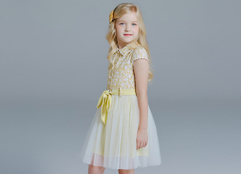 KDX1011 Yellow Flower Pearl Button Dress (Size:100-140)