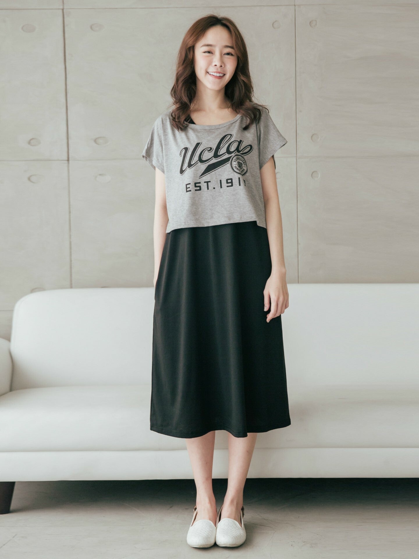 Printed Blouse with Solid Color Nursing Dress
