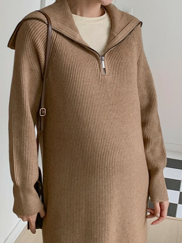 Thick Knitted Ribbing Zip Up Dress
