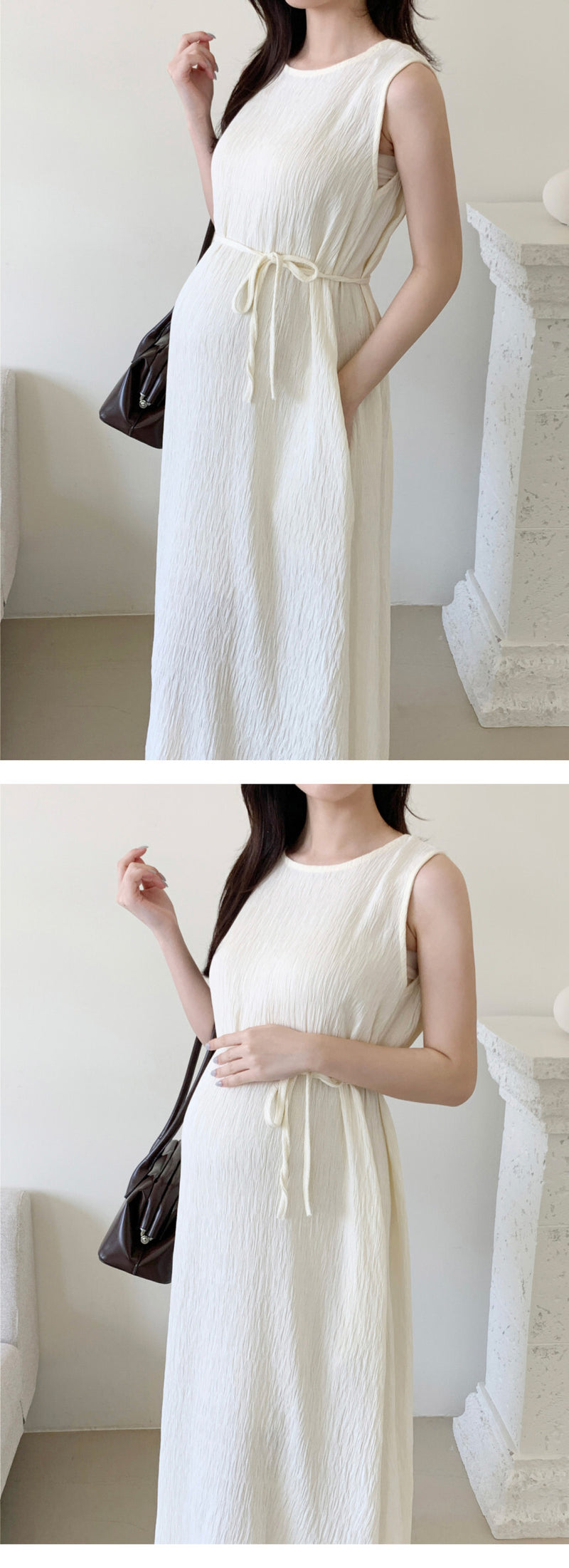 Pleated Sleeveless Dress with Waist Belt