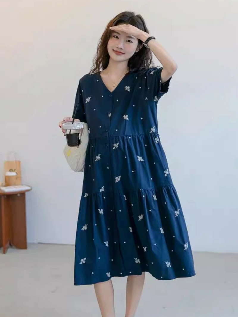 V-Neck Embroidered Layer Tiered Dress