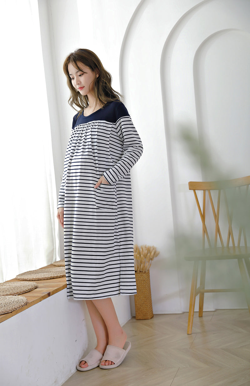 Japanese-Style Striped Nursing Long Dress
