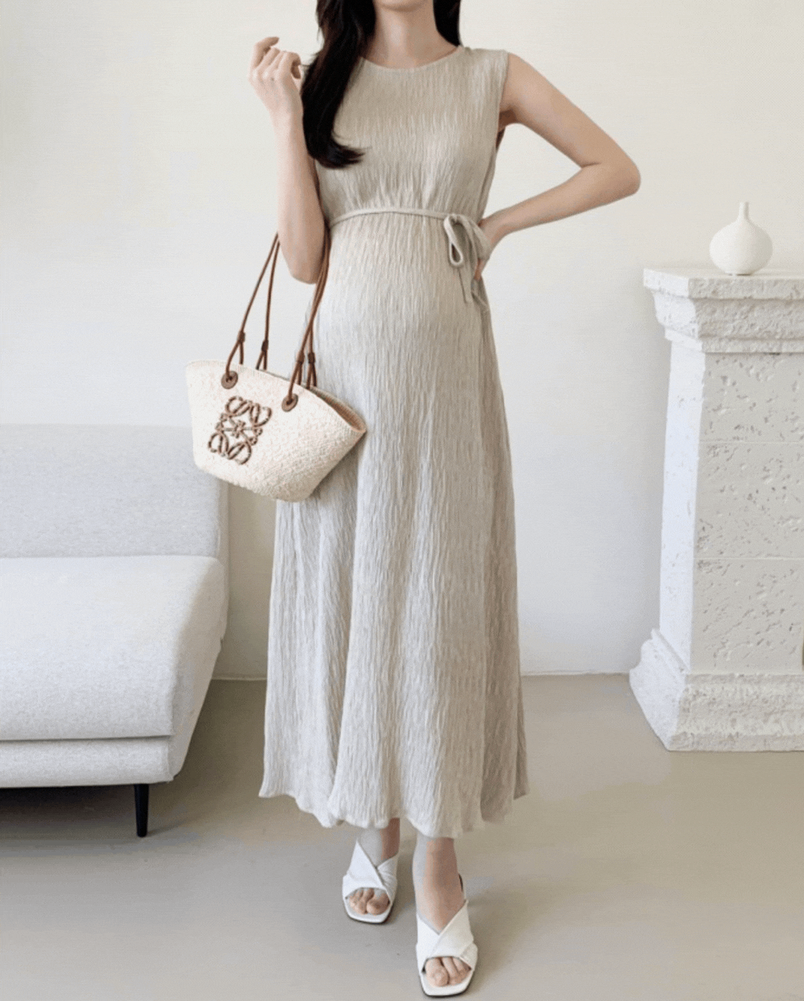 Pleated Sleeveless Dress with Waist Belt