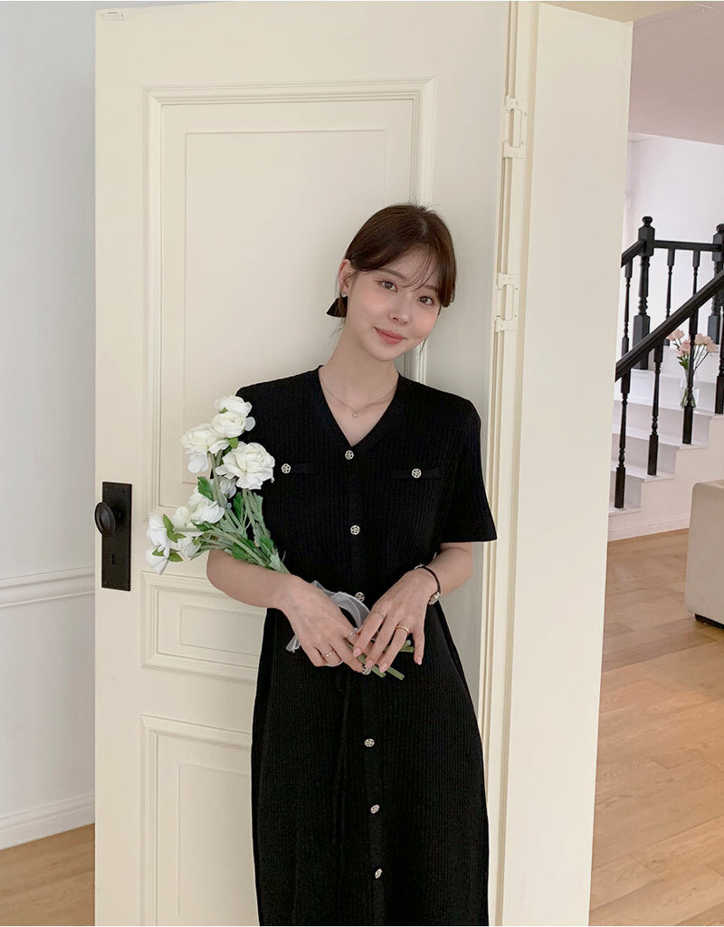 Ribbed V Neck Drawstring Dress