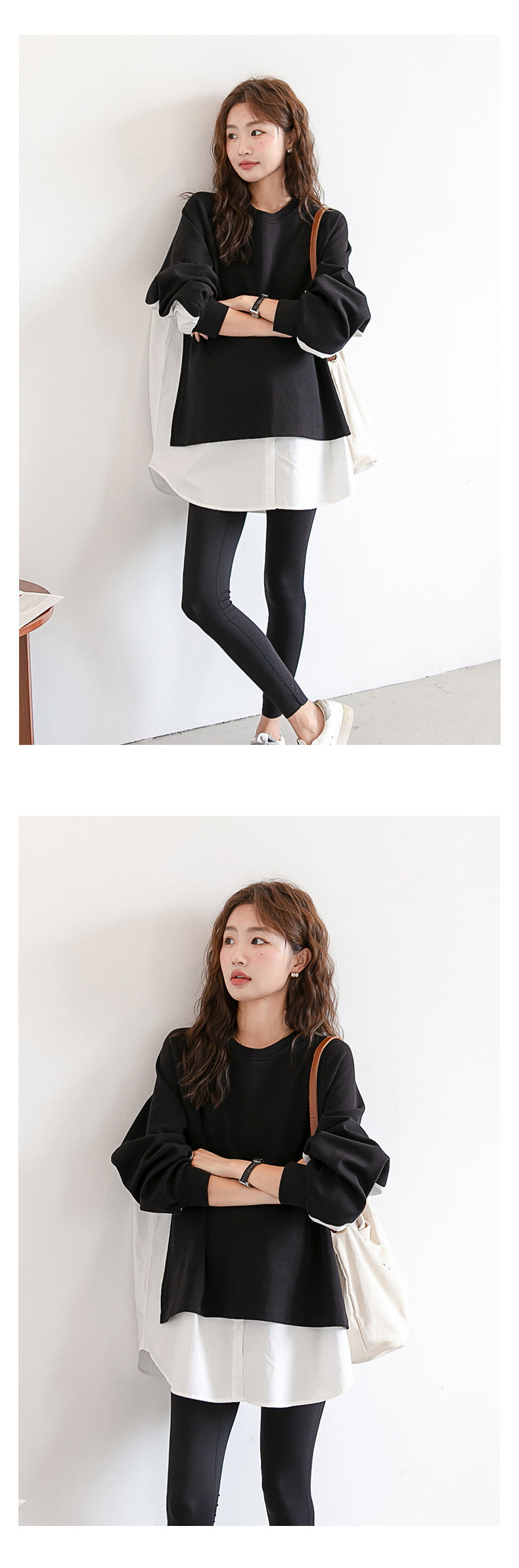 Layered-Look Loose Shoulder Slope Drop Sweatshirt