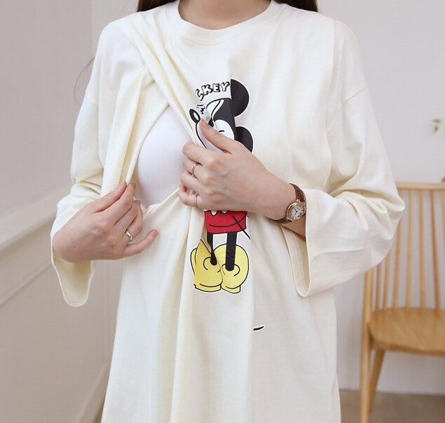 棉質米奇老鼠印花長版哺乳上衣
