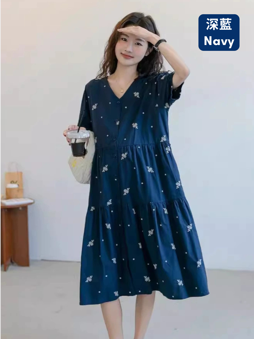 V-Neck Embroidered Layer Tiered Dress