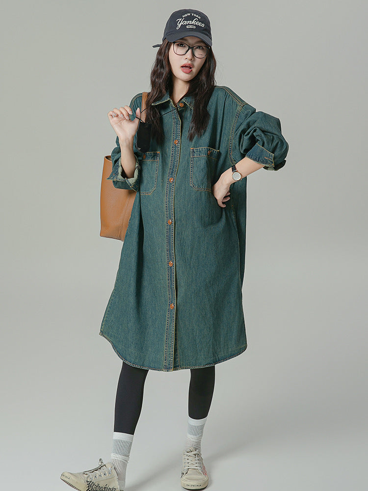 Lapel Oversized Long-Sleeved Denim Dress
