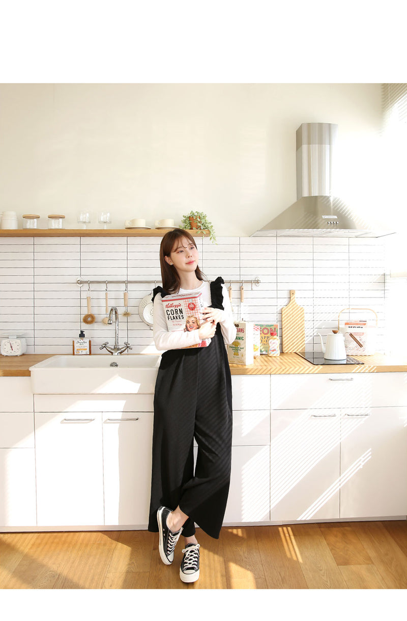 Frilled-Strap Wide-Leg Overall Pants