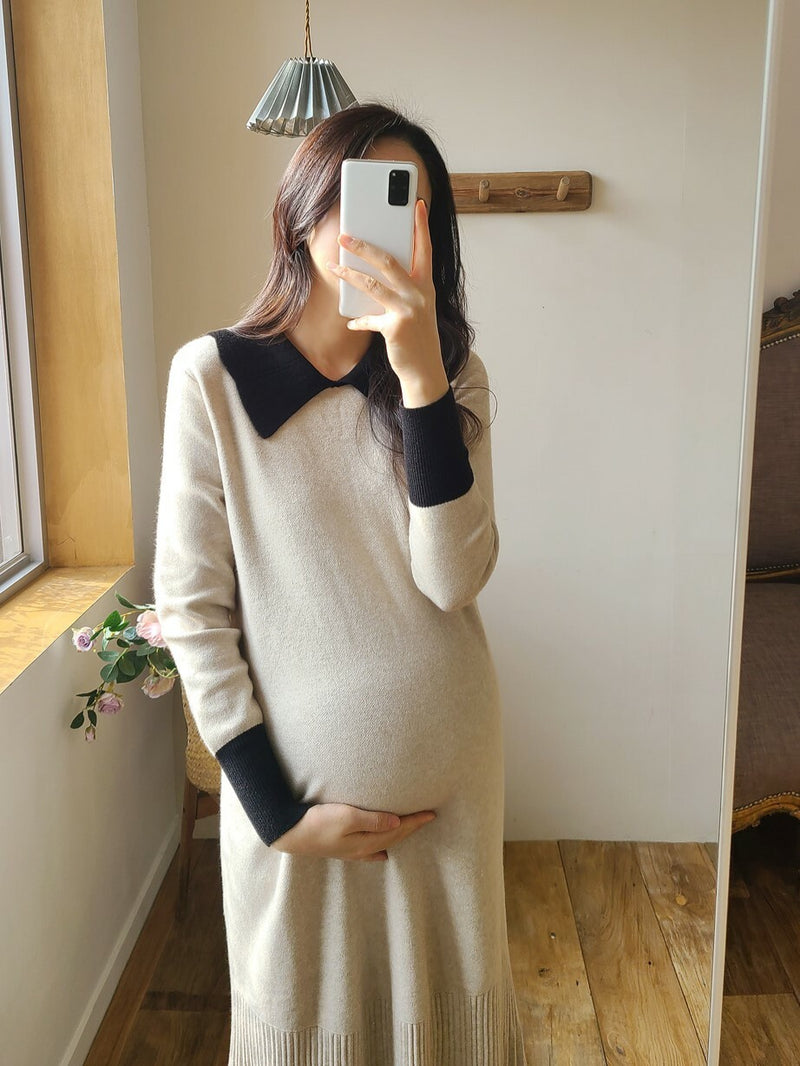Color Block Lapel Pleated Hem Knitted Dress