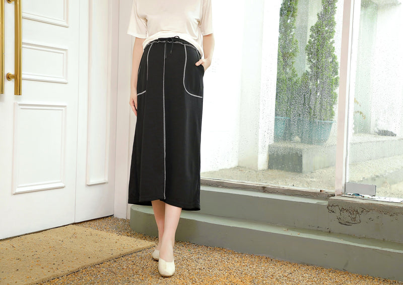 Drawstring Contrast-Stitch Skirt