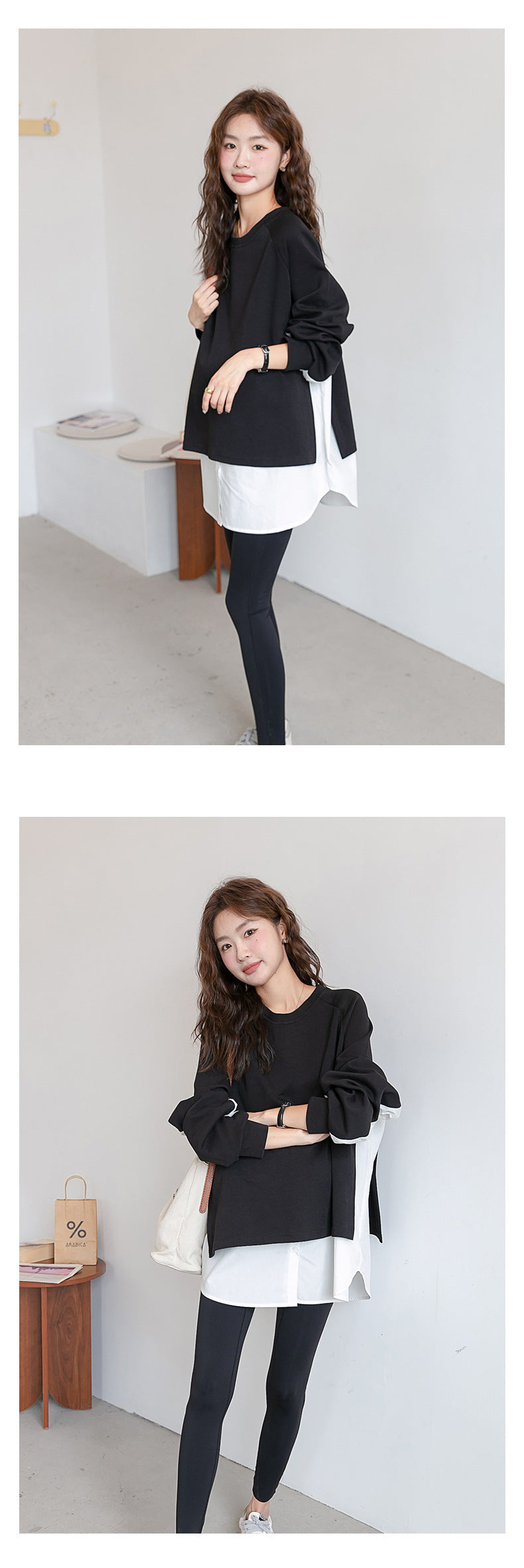 Layered-Look Loose Shoulder Slope Drop Sweatshirt