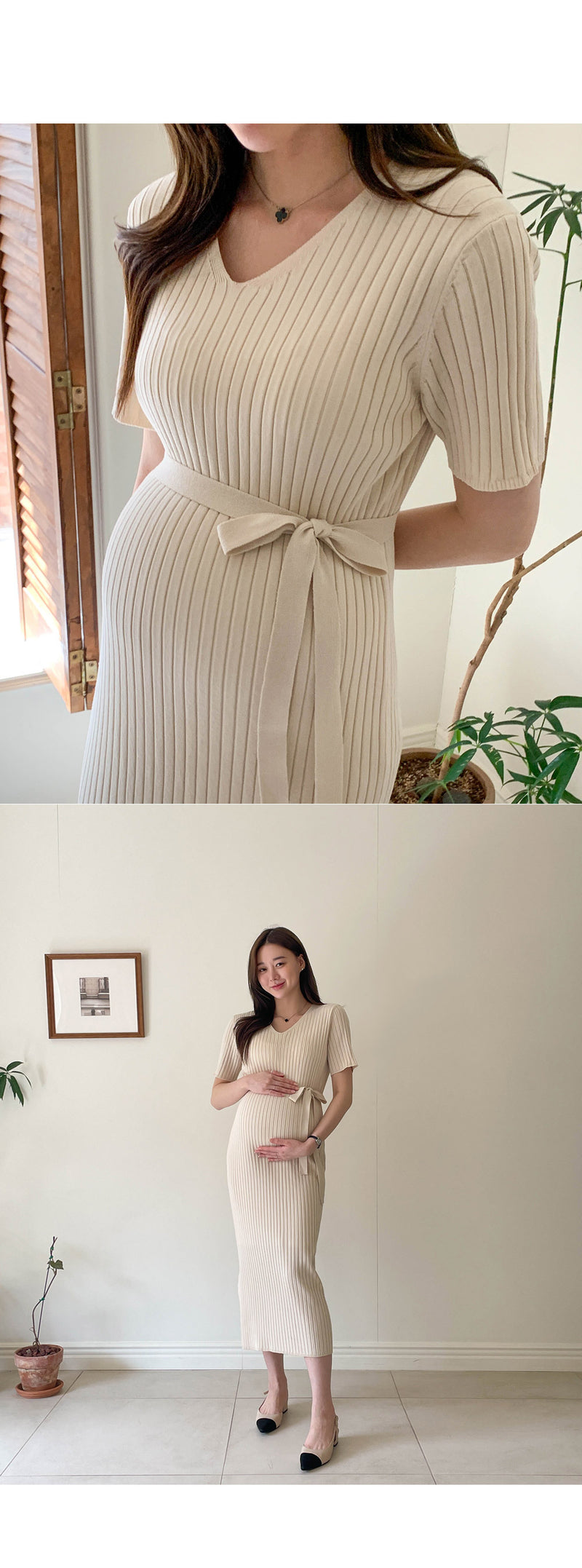 V Neck Ribbed Cooling Knit Dress