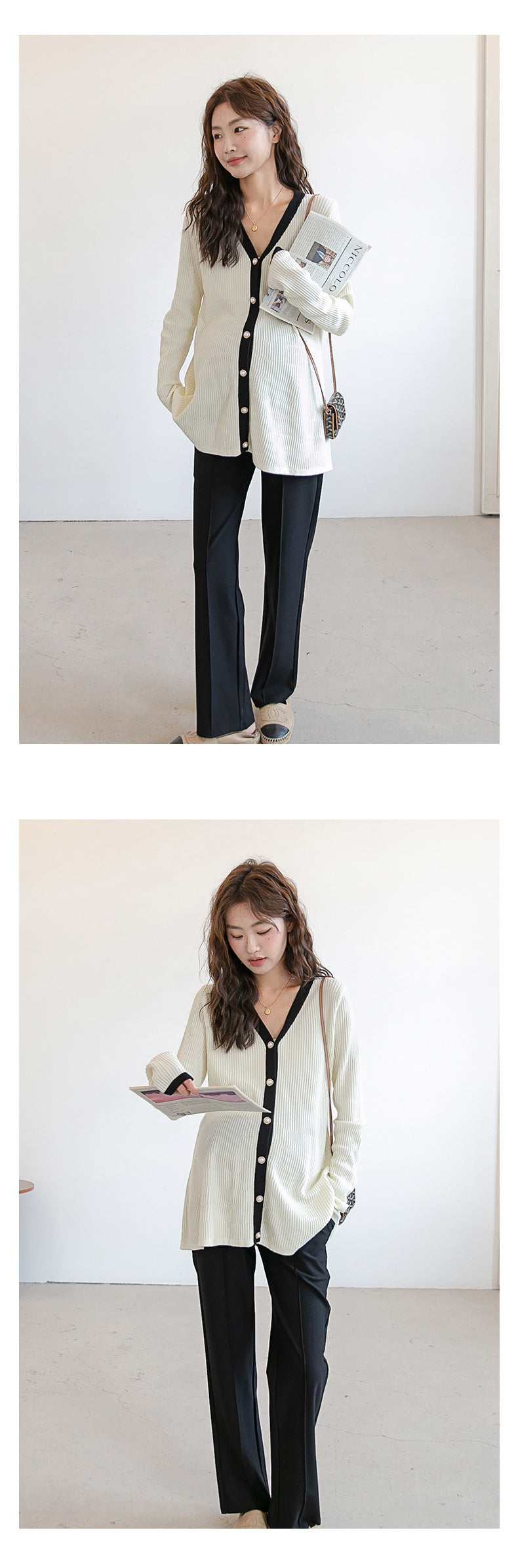 V-Neck Color Matching Ribbed Knit Coat